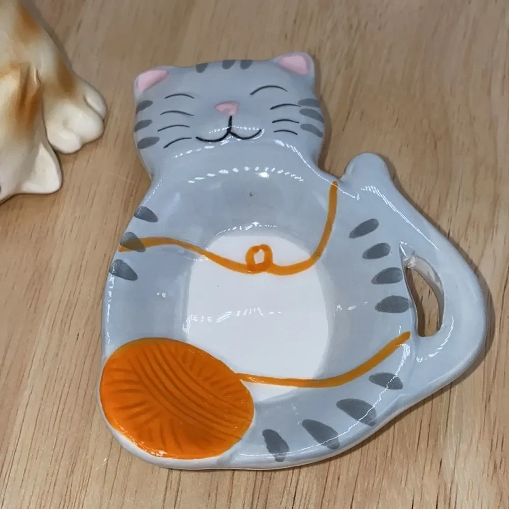 Lot of 2 Whimsical Ceramic Kitties 1 Tumbling Figurine and 1 Trinket Dish
